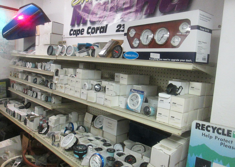 Marine gauges, rigging, and accessories on display